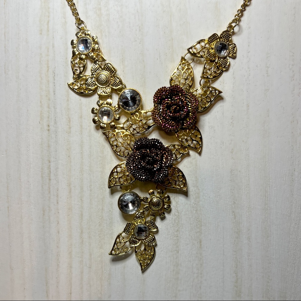 Jeweled Gold Tone Rose Flower Statement Necklace